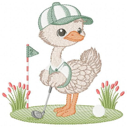 Ostrich playing golf embroidery designs - Baby Boy Bird machine embroidery pattern - Ostrich with flowers - Instant download pes jef dst hus