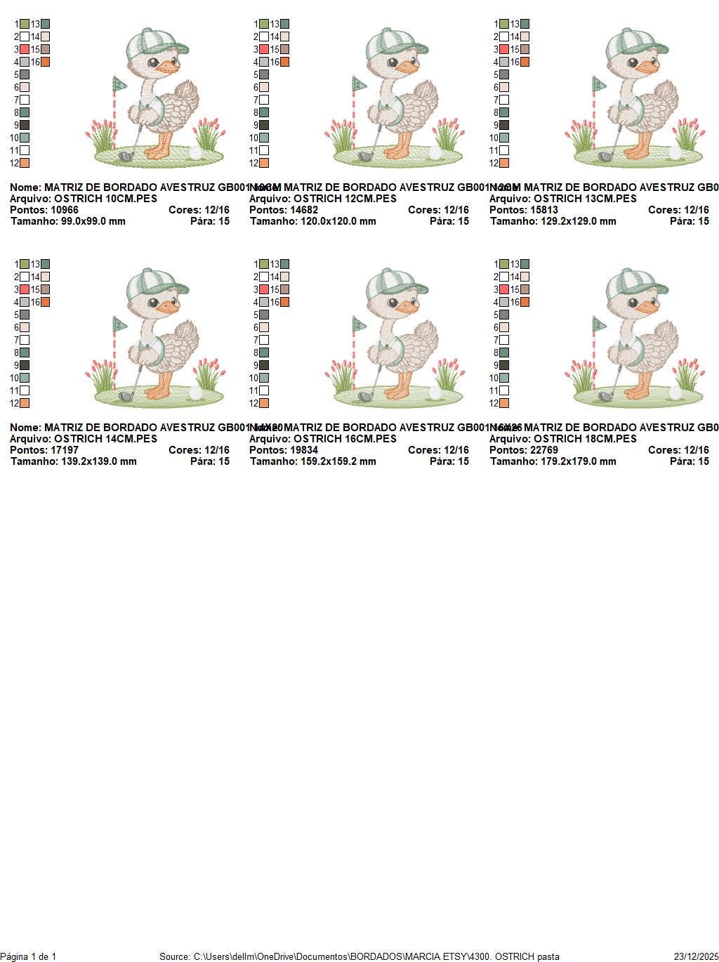 Ostrich playing golf embroidery designs - Baby Boy Bird machine embroidery pattern - Ostrich with flowers - Instant download pes jef dst hus