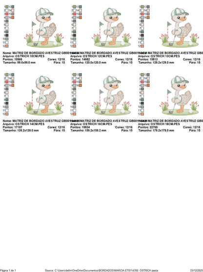 Ostrich playing golf embroidery designs - Baby Boy Bird machine embroidery pattern - Ostrich with flowers - Instant download pes jef dst hus