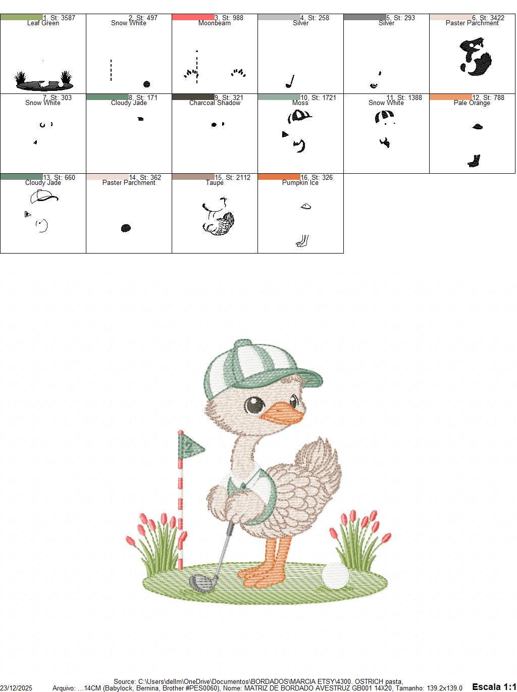 Ostrich playing golf embroidery designs - Baby Boy Bird machine embroidery pattern - Ostrich with flowers - Instant download pes jef dst hus