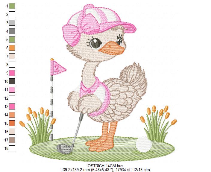 Ostrich playing golf embroidery designs - Baby Girl Bird machine embroidery pattern - Ostrich with flowers - Instant download pes jef dst