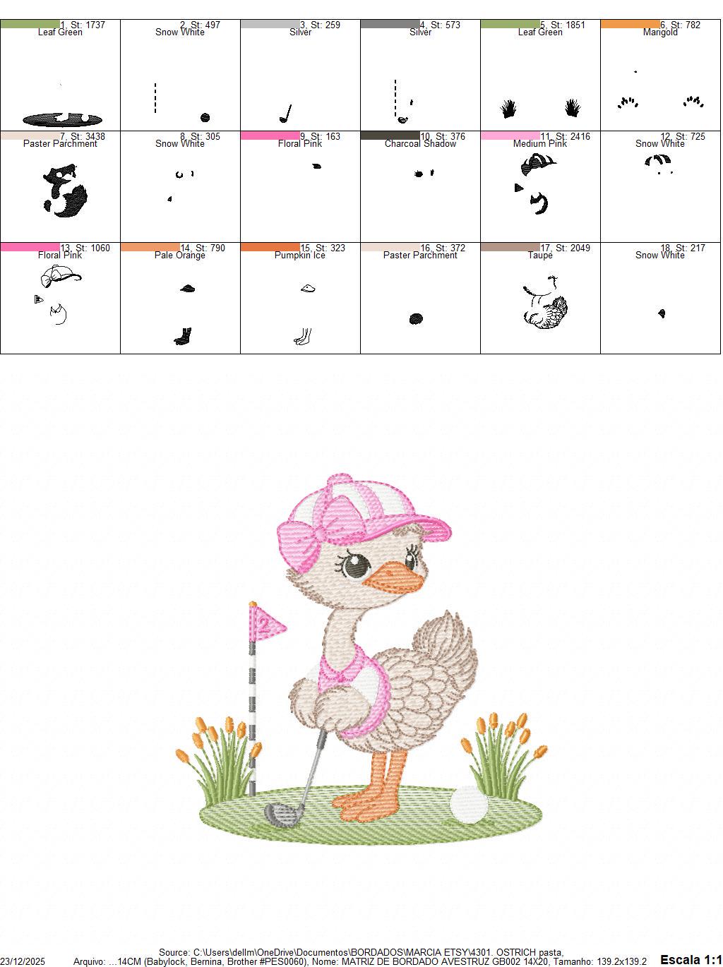 Ostrich playing golf embroidery designs - Baby Girl Bird machine embroidery pattern - Ostrich with flowers - Instant download pes jef dst