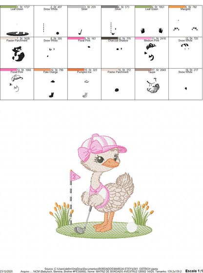 Ostrich playing golf embroidery designs - Baby Girl Bird machine embroidery pattern - Ostrich with flowers - Instant download pes jef dst