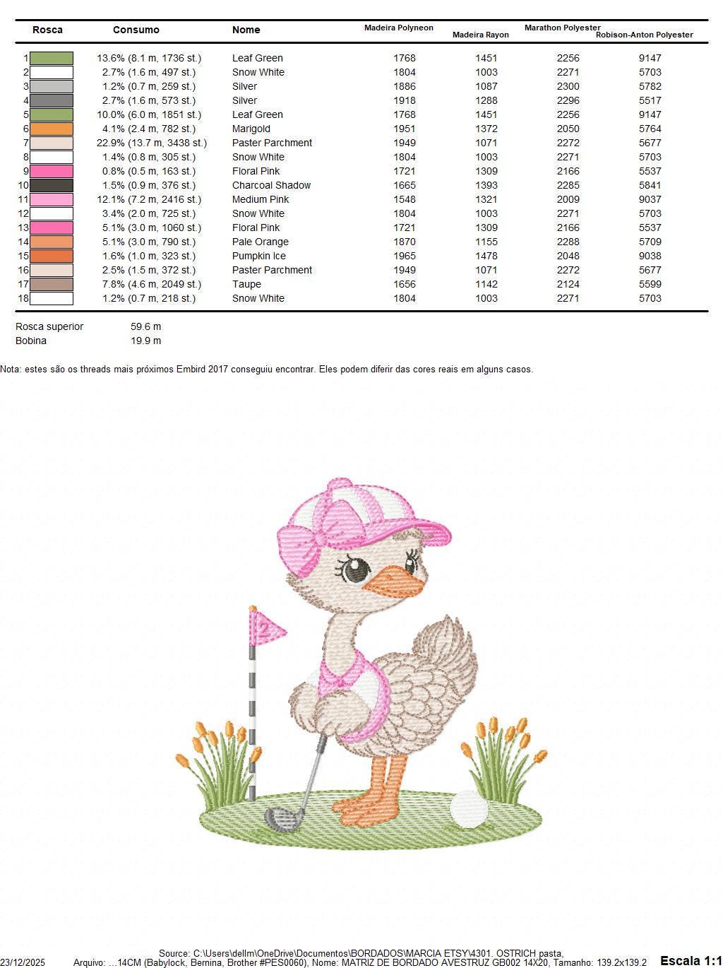 Ostrich playing golf embroidery designs - Baby Girl Bird machine embroidery pattern - Ostrich with flowers - Instant download pes jef dst