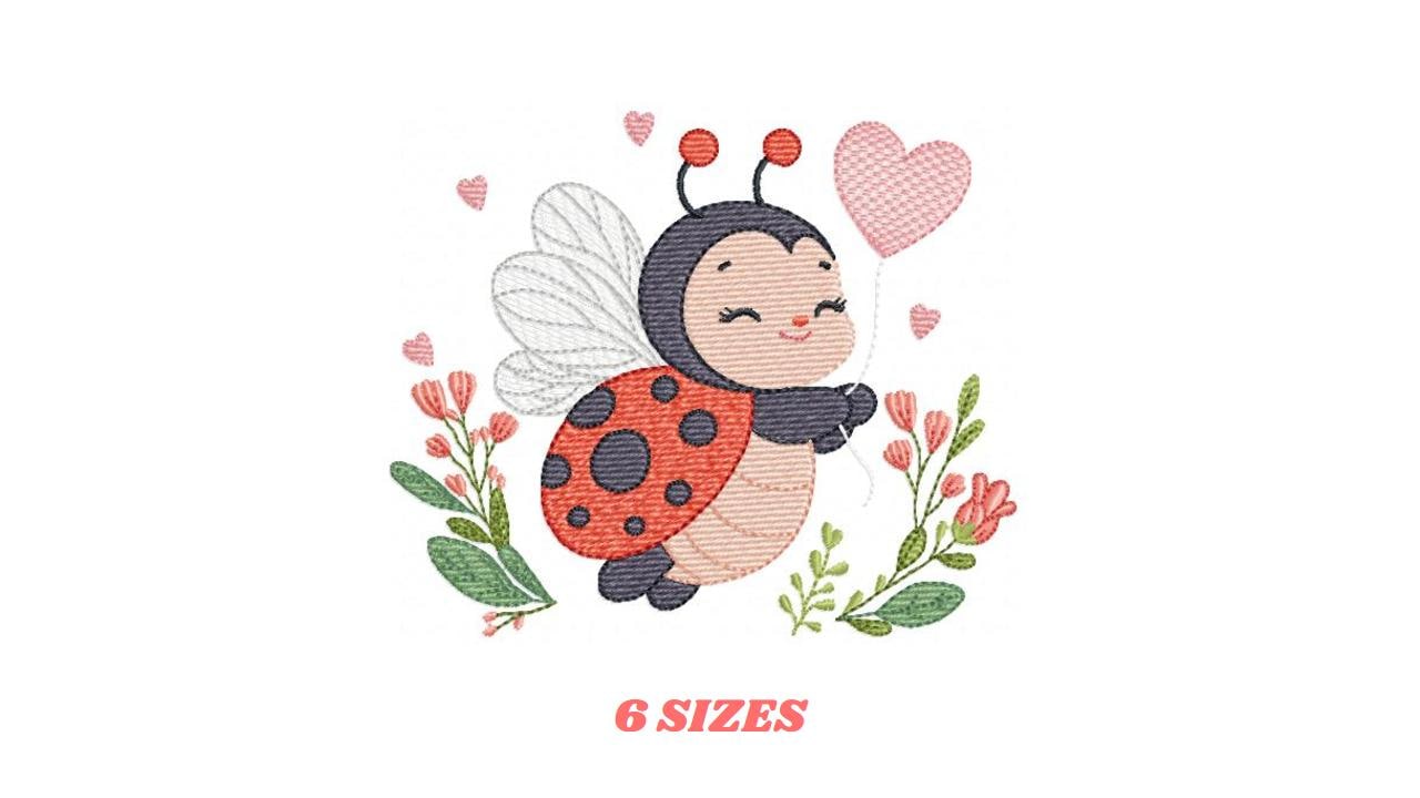 Ladybug embroidery designs - Garden Animal with heart and flowers machine embroidery pattern - Baby Girl Insect life file - Instant download