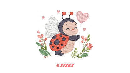 Ladybug embroidery designs - Garden Animal with heart and flowers machine embroidery pattern - Baby Girl Insect life file - Instant download
