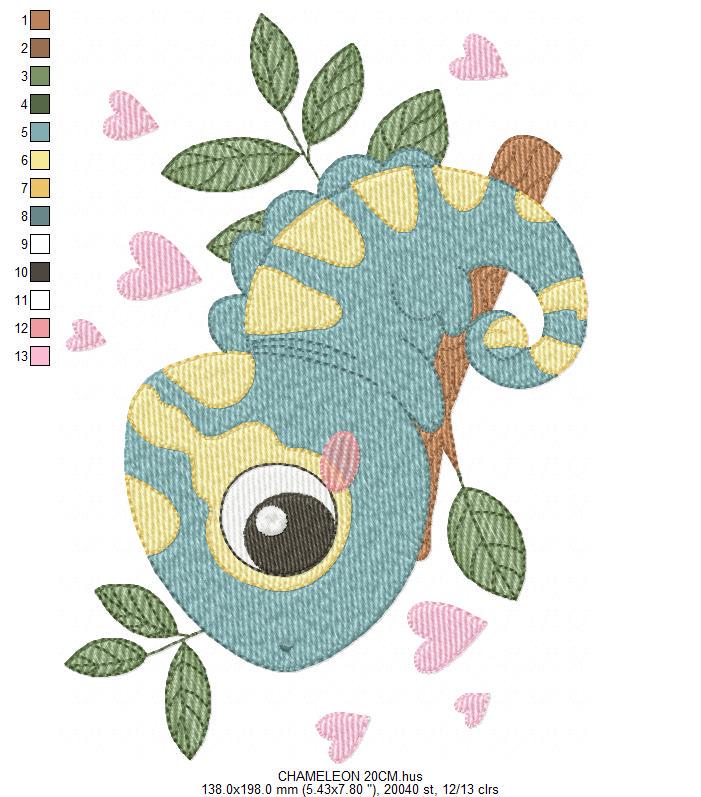 Chameleon embroidery designs - Colorful Animal with hearts machine embroidery pattern - Baby boy file - Instant digital download pes jef dst