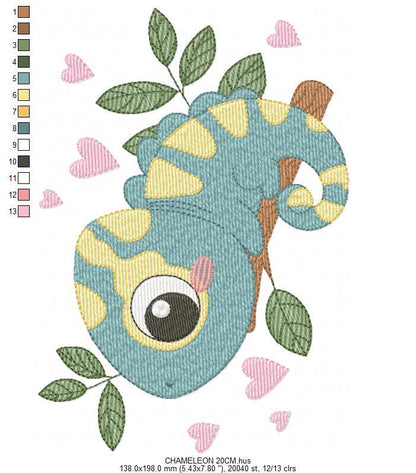 Chameleon embroidery designs - Colorful Animal with hearts machine embroidery pattern - Baby boy file - Instant digital download pes jef dst