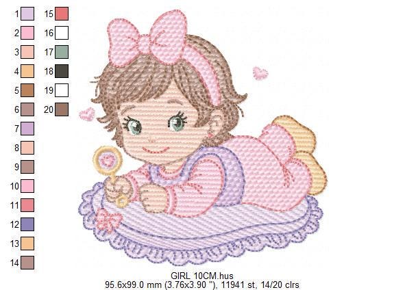 Baby girl with rattle embroidery designs - Princess with short hair and lace machine embroidery pattern - Instant digital download pes jef