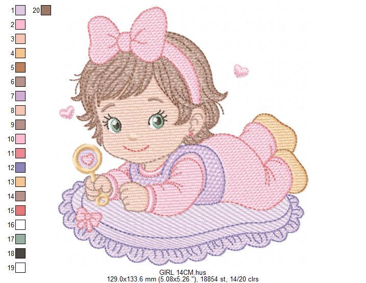 Baby girl with rattle embroidery designs - Princess with short hair and lace machine embroidery pattern - Instant digital download pes jef
