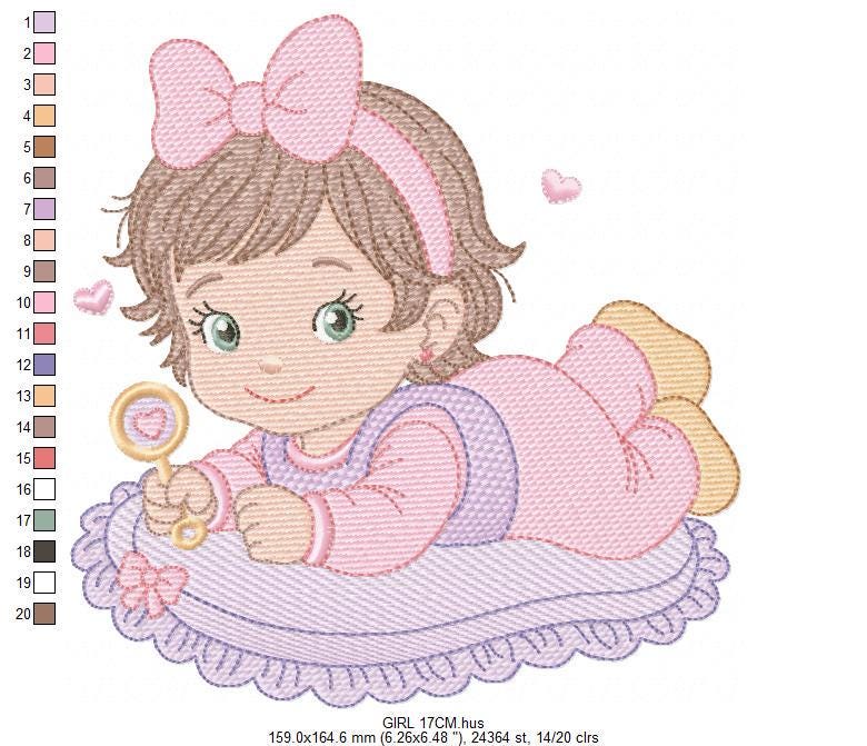 Baby girl with rattle embroidery designs - Princess with short hair and lace machine embroidery pattern - Instant digital download pes jef