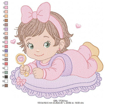 Baby girl with rattle embroidery designs - Princess with short hair and lace machine embroidery pattern - Instant digital download pes jef