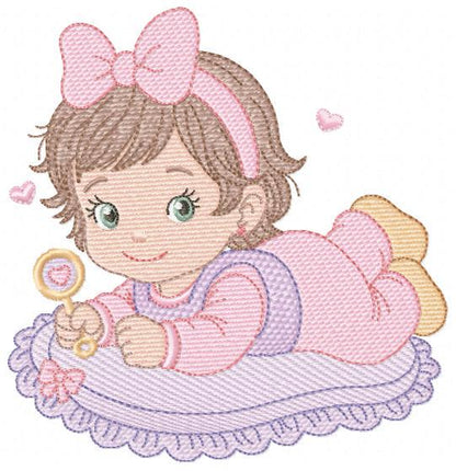 Baby girl with rattle embroidery designs - Princess with short hair and lace machine embroidery pattern - Instant digital download pes jef
