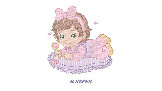 Baby girl with rattle embroidery designs - Princess with short hair and lace machine embroidery pattern - Instant digital download pes jef