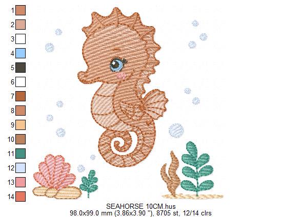 Seahorse embroidery design - Ocean Sea Animal with shells and algae machine embroidery pattern - Baby boy file - Instant digital download