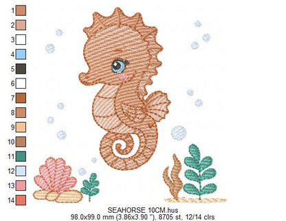 Seahorse embroidery design - Ocean Sea Animal with shells and algae machine embroidery pattern - Baby boy file - Instant digital download
