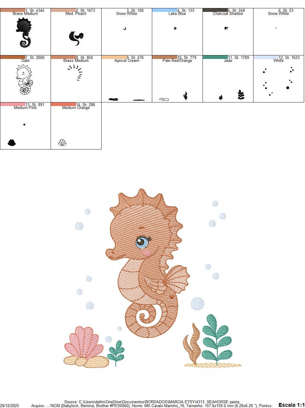 Seahorse embroidery design - Ocean Sea Animal with shells and algae machine embroidery pattern - Baby boy file - Instant digital download