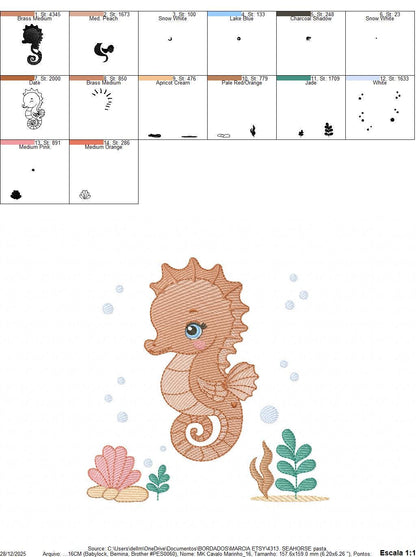 Seahorse embroidery design - Ocean Sea Animal with shells and algae machine embroidery pattern - Baby boy file - Instant digital download
