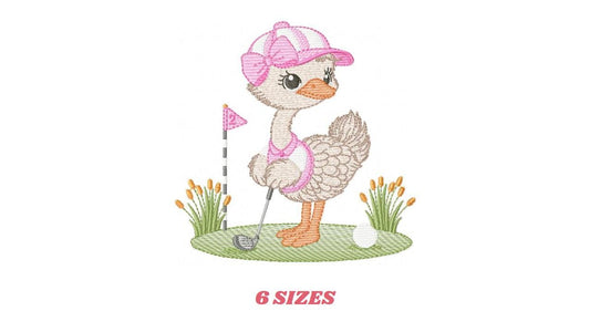 Ostrich playing golf embroidery designs - Baby Girl Bird machine embroidery pattern - Ostrich with flowers - Instant download pes jef dst