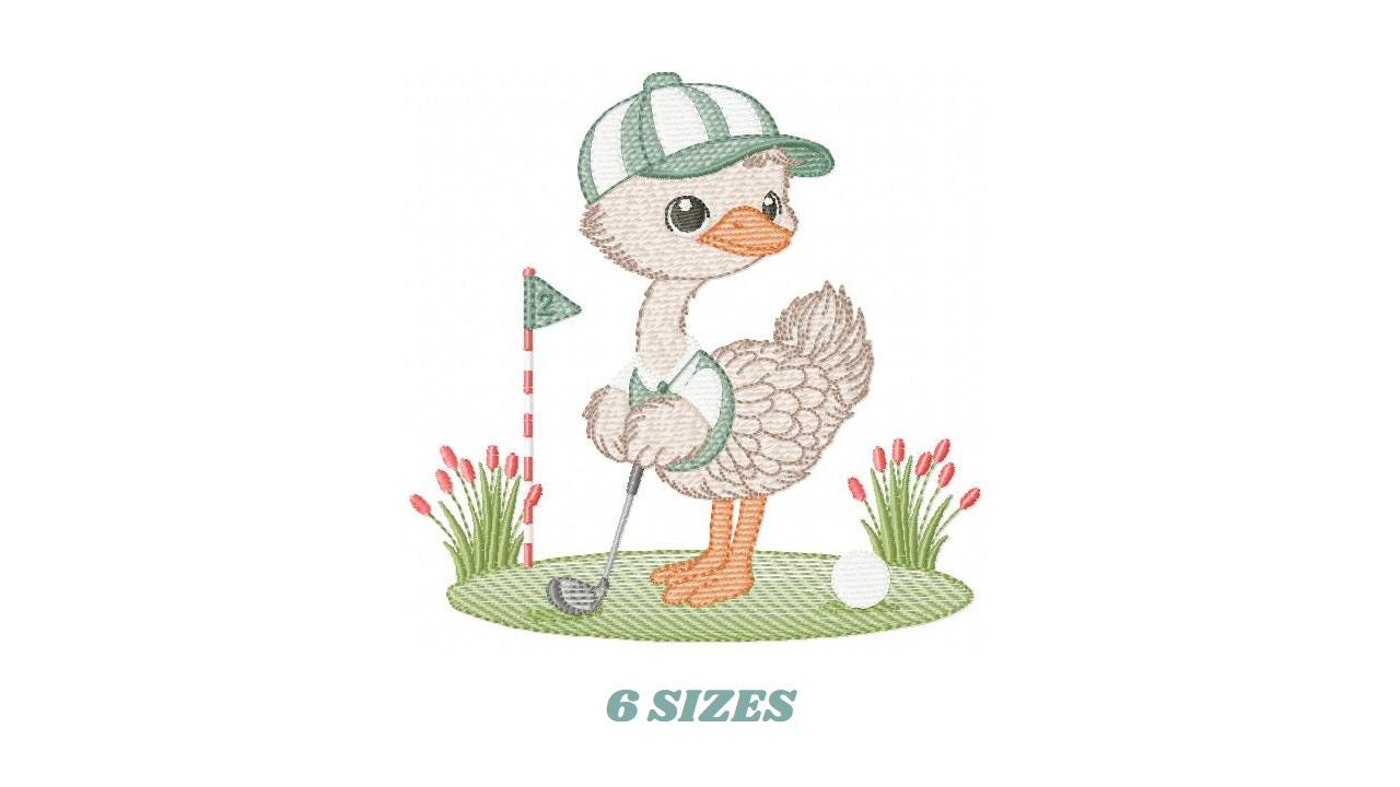 Ostrich playing golf embroidery designs - Baby Boy Bird machine embroidery pattern - Ostrich with flowers - Instant download pes jef dst hus