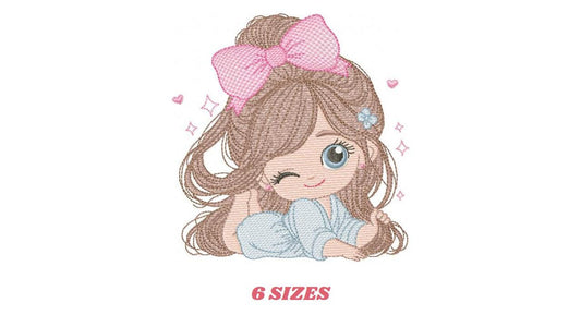 Baby girl with long hair and bow embroidery designs - Princess with long hair and lace machine embroidery pattern - Instant digital download