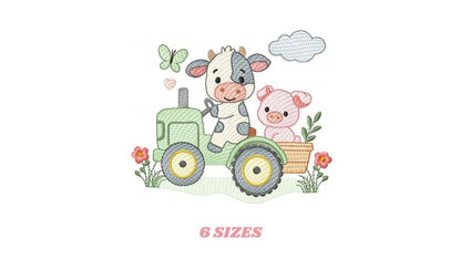 Cow with pig driving tractor embroidery design - Farm Animal machine embroidery pattern - Baby girl and boy file - Instant digital download
