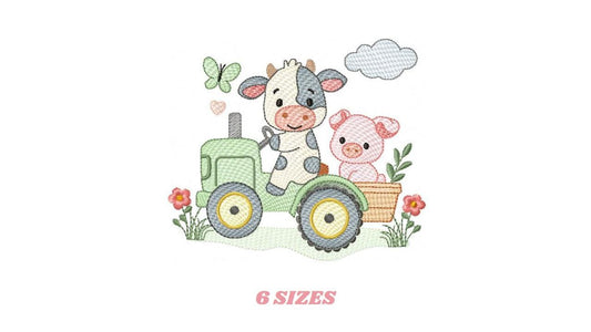 Cow with pig driving tractor embroidery design - Farm Animal machine embroidery pattern - Baby girl and boy file - Instant digital download
