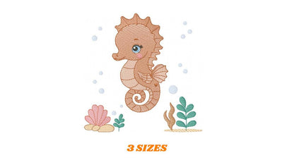 Seahorse embroidery design - Ocean Sea Animal with shells and algae machine embroidery pattern - Baby boy file - Instant digital download