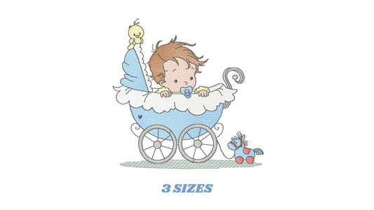 Baby boy with baby stroller embroidery design - Boy with pacifier and bird machine embroidery pattern - Instant digital download pes jef dst