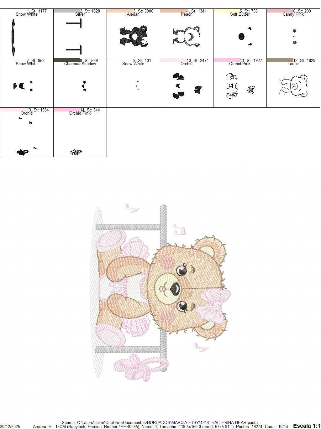 Ballerina Bear embroidery designs - Ballet Dancer Teddy Bear machine embroidery pattern - Baby girl file - Seating Bear - Instant download