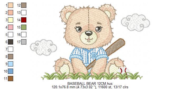 Baseball player embroidery designs - Baby Boy Bear machine embroidery file - Boy with baseball uniform file - Instant digital download pes
