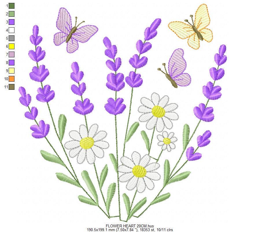 Flowers with butterfly embroidery designs - Lavender and Daisies machine embroidery pattern - Baby girl file - Instant digital download pes