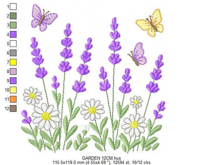 Flower garden embroidery design - Lavender flowers with butterflies machine embroidery pattern - Kitchen Tea towel - Instant download pes