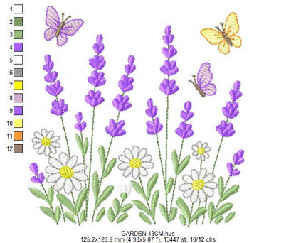 Flower garden embroidery design - Lavender flowers with butterflies machine embroidery pattern - Kitchen Tea towel - Instant download pes
