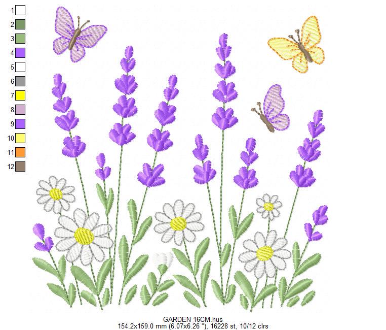Flower garden embroidery design - Lavender flowers with butterflies machine embroidery pattern - Kitchen Tea towel - Instant download pes