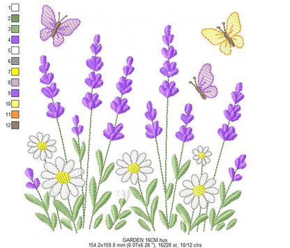 Flower garden embroidery design - Lavender flowers with butterflies machine embroidery pattern - Kitchen Tea towel - Instant download pes