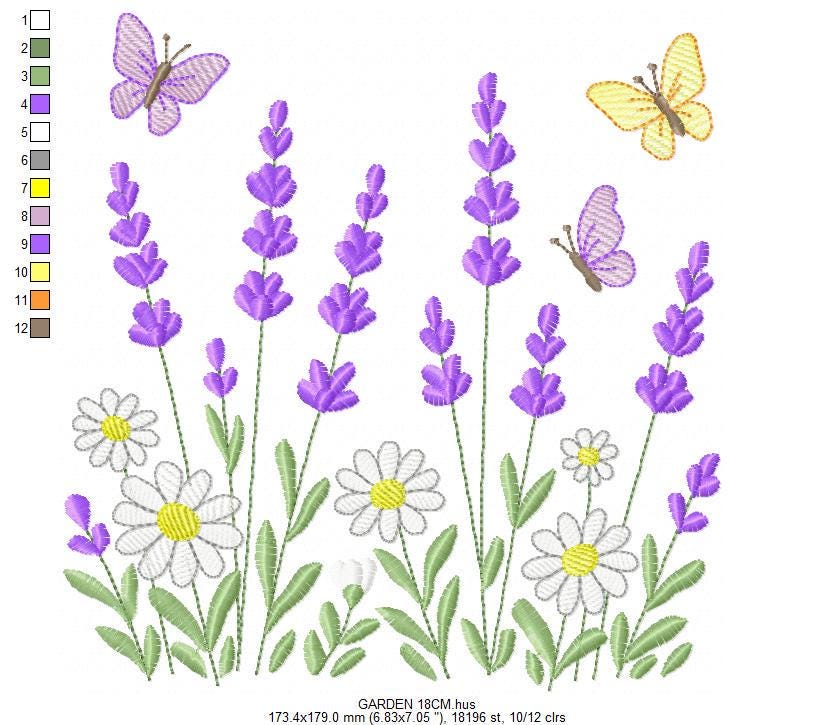 Flower garden embroidery design - Lavender flowers with butterflies machine embroidery pattern - Kitchen Tea towel - Instant download pes