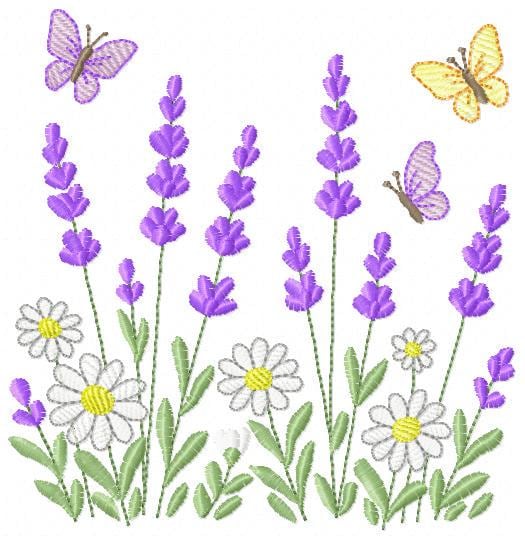 Flower garden embroidery design - Lavender flowers with butterflies machine embroidery pattern - Kitchen Tea towel - Instant download pes
