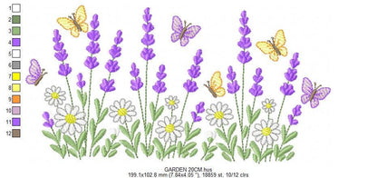 Flower garden embroidery design - Lavender and daisies flowers butterflies machine embroidery pattern - Kitchen Towel - Instant download