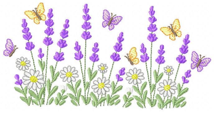 Flower garden embroidery design - Lavender and daisies flowers butterflies machine embroidery pattern - Kitchen Towel - Instant download