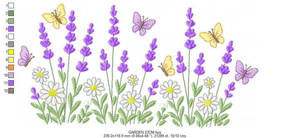 Flower garden embroidery design - Lavender and daisies flowers butterflies machine embroidery pattern - Kitchen Towel - Instant download