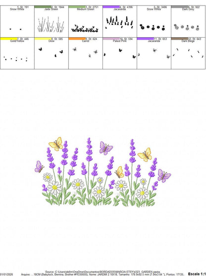 Flower garden embroidery design - Lavender and daisies flowers butterflies machine embroidery pattern - Kitchen Towel - Instant download