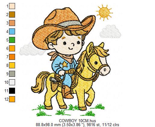 Cowboy embroidery design - Baby boy with horse and cowboy hat machine embroidery pattern - Farm ranch file - Instant digital download pes