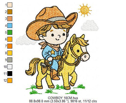 Cowboy embroidery design - Baby boy with horse and cowboy hat machine embroidery pattern - Farm ranch file - Instant digital download pes