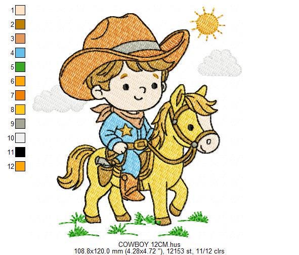 Cowboy embroidery design - Baby boy with horse and cowboy hat machine embroidery pattern - Farm ranch file - Instant digital download pes