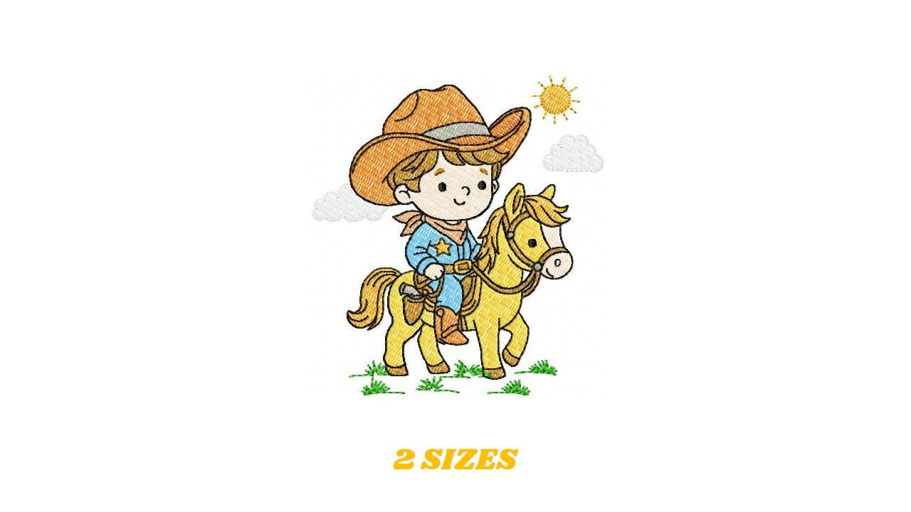 Cowboy embroidery design - Baby boy with horse and cowboy hat machine embroidery pattern - Farm ranch file - Instant digital download pes