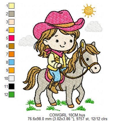 Cowgirl embroidery design - Baby girl with cowboy hat machine embroidery pattern - Girl with horse file - Instant digital download pes jef