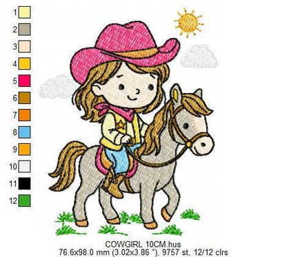 Cowgirl embroidery design - Baby girl with cowboy hat machine embroidery pattern - Girl with horse file - Instant digital download pes jef