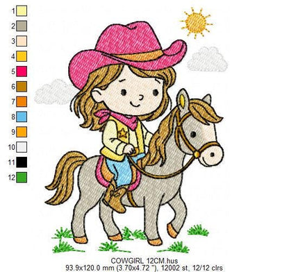 Cowgirl embroidery design - Baby girl with cowboy hat machine embroidery pattern - Girl with horse file - Instant digital download pes jef