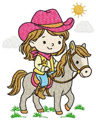 Cowgirl embroidery design - Baby girl with cowboy hat machine embroidery pattern - Girl with horse file - Instant digital download pes jef